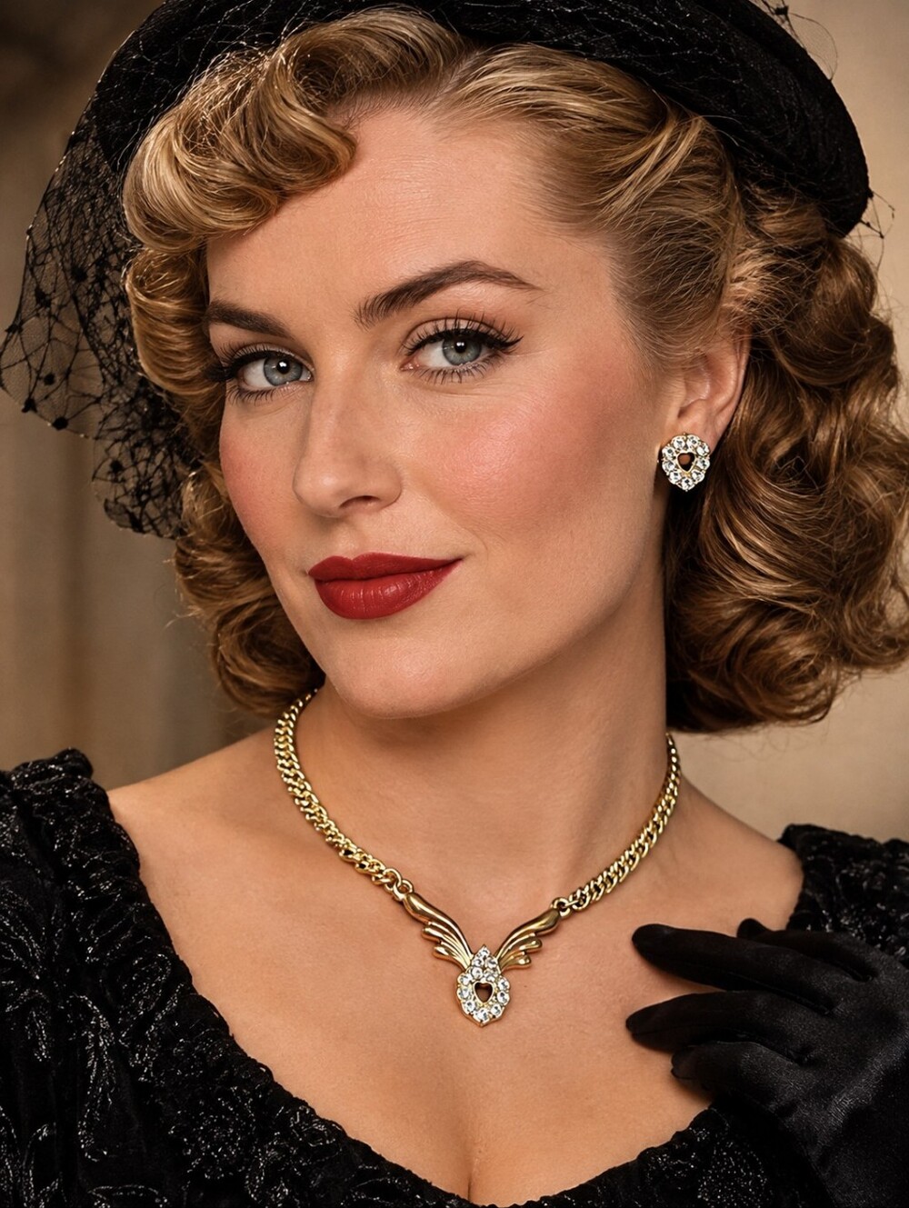 Vintage Jewelry Set CZ Faux Diamond Heart Shape Pendant Gold Necklace & Earrings
